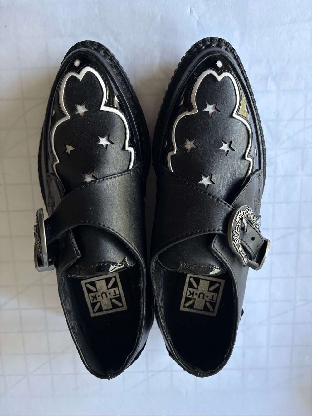 T.U.K Western Black White & Black Patent Pointy Buckle Creepers W7 M5